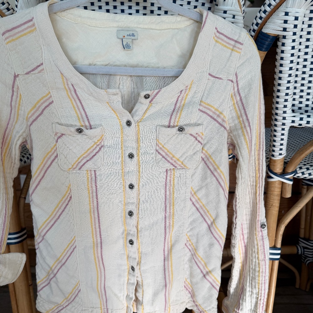 Odille Anthropologie Ivory Yellow Pink Stripe Button Down Shirt Top Shirt‎